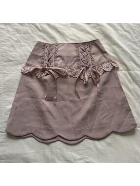 Liz Lisa Mauve Pink Corset Lace Up Mini Skirt Ribbon Bows Scalloped Hem XXS